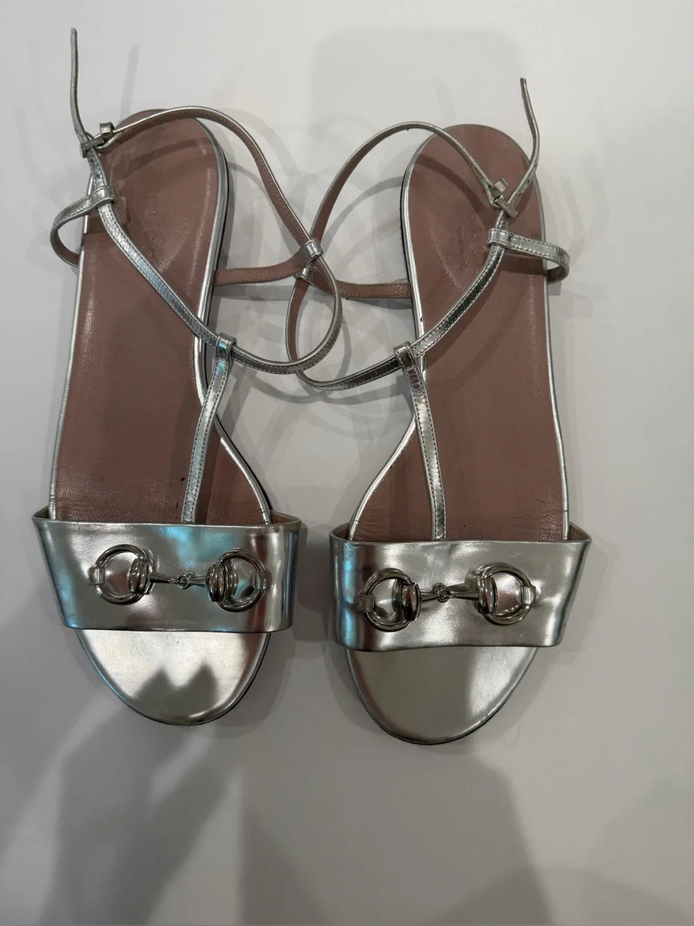 Gucci Silver Metallic Horsebit Strappy Sandals